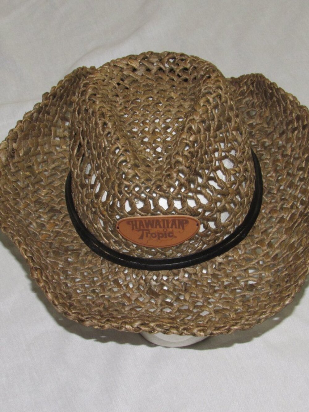 Vintage Hawaiian Tropic Open Straw Cowboy Hat One Size Unisex Beach Festival